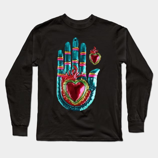 Tin hand mexican metal folk art and crafts sacred heart ornament Long Sleeve T-Shirt by T-Mex